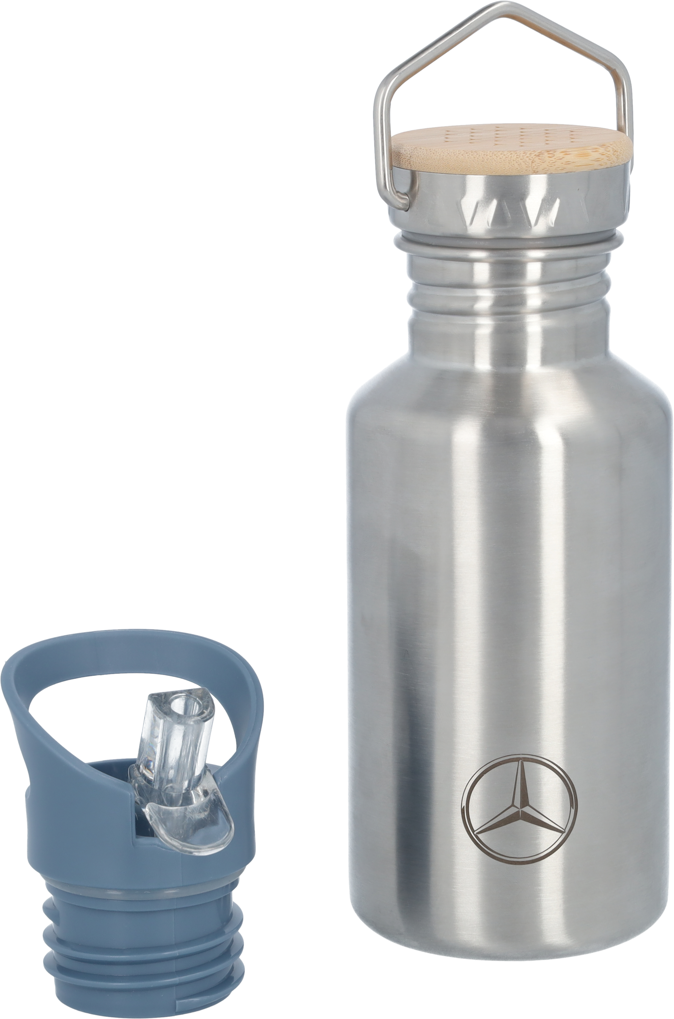Borraccia per bambini, Mercedes-Benz - argento / blu, acciaio inox / Bambù / polipropilene, Lässig
