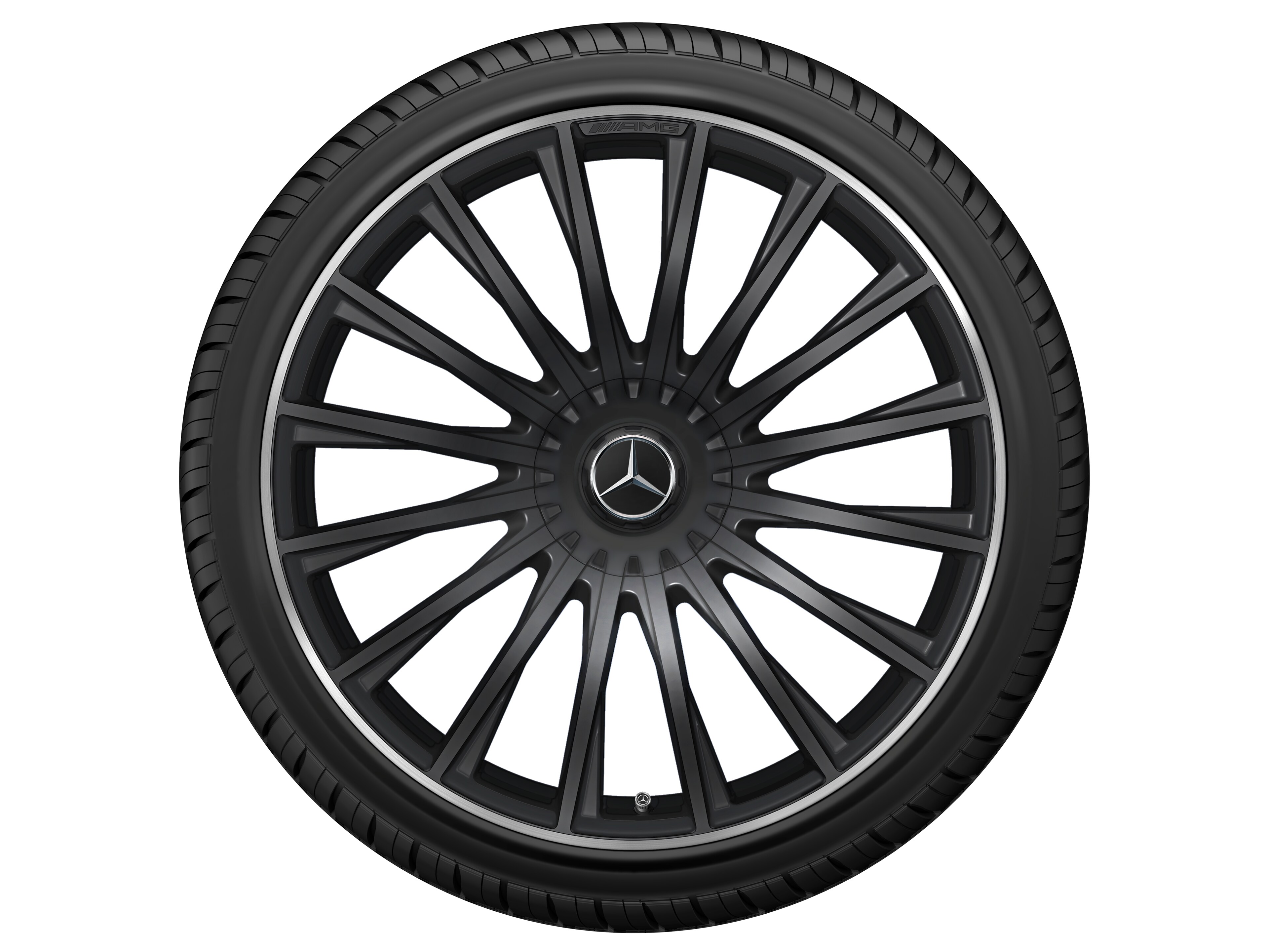 Cerchio fucinato AMG con design a razze multiple, 53,3 cm (21 pollici), Bordo del cerchio tornito a specchio - 10,5 J x 21 ET 50, nero opacizzato, Bordo del cerchio tornito a specchio