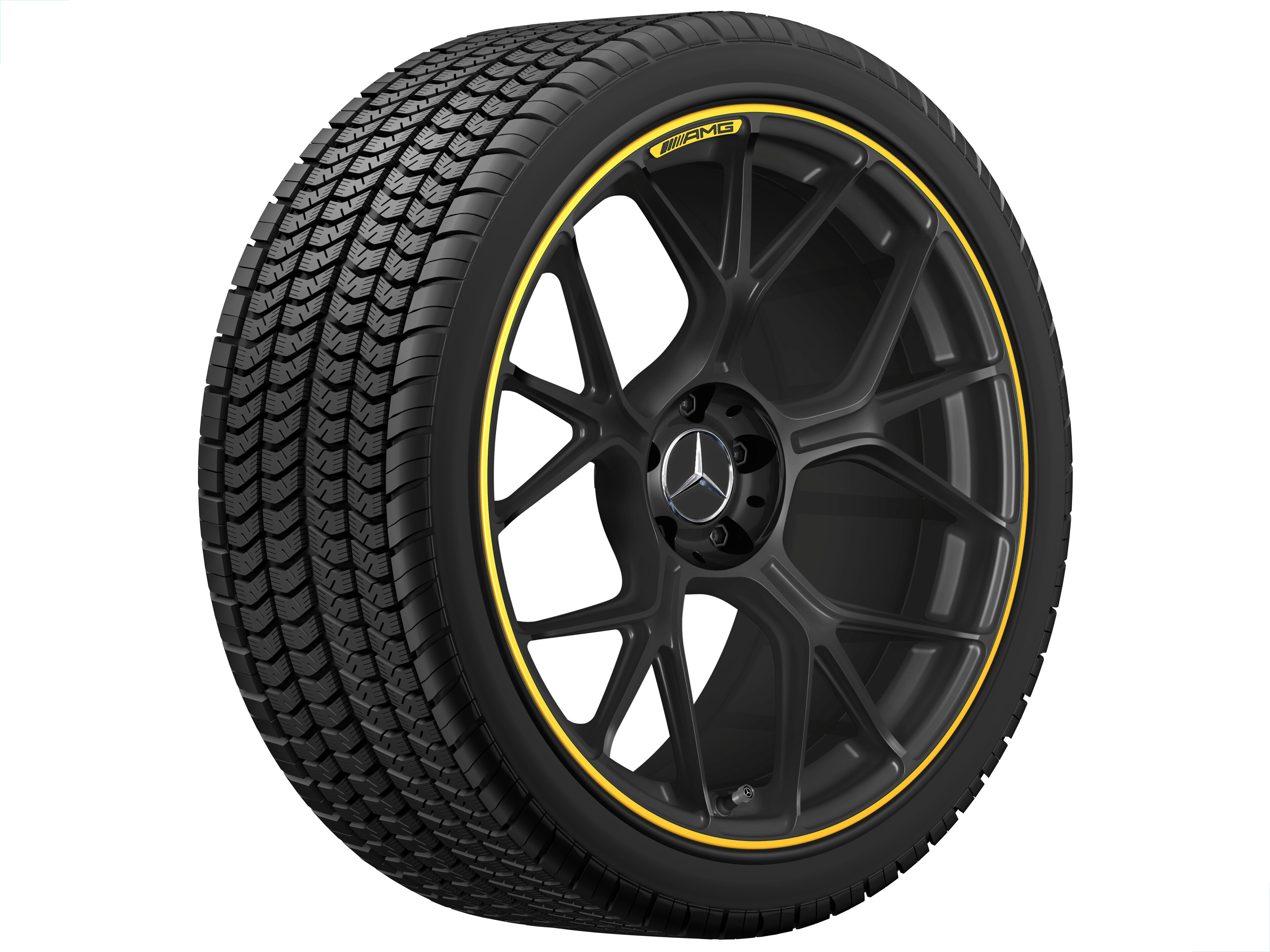 Cerchio fucinato AMG con design a razze incrociate, 50,8 cm (20 pollici) - 11 J x 20 ET 24,1, nero opacizzato / giallo segnale, Tornitura a specchio