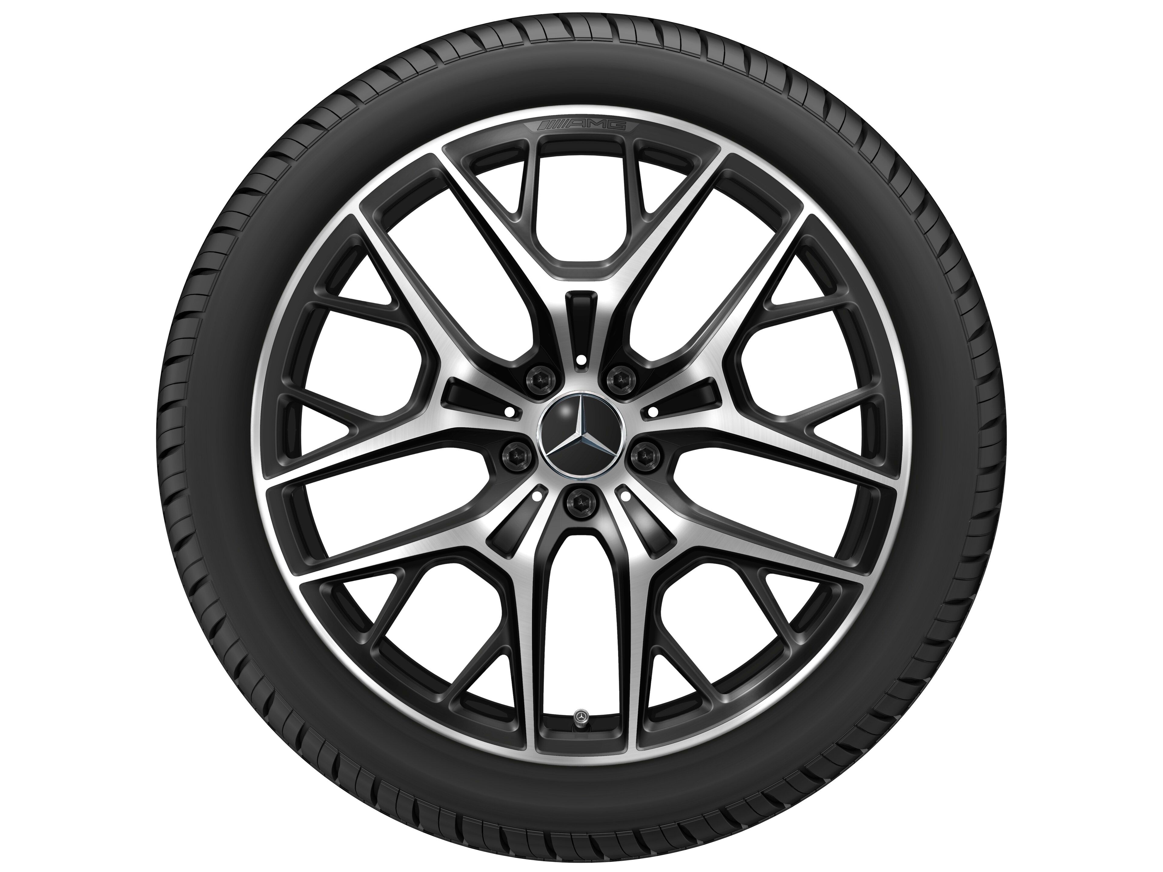 Cerchio in lega leggera AMG, con design a razze incrociate, 50,8 cm (20 pollici) - 9 J x 20 ET 32, colore nero, Tornitura a specchio