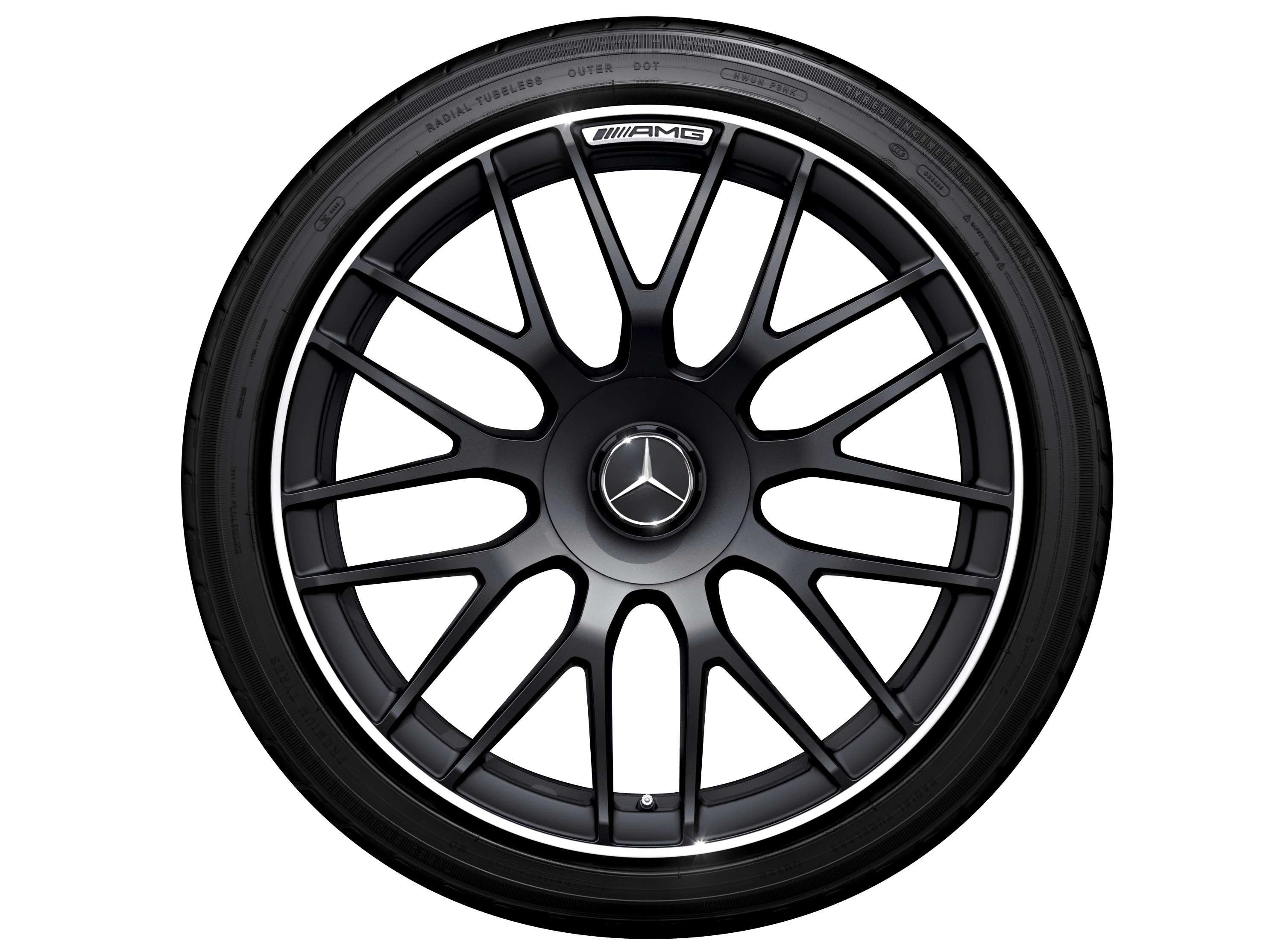 Cerchio fucinato AMG con design a razze incrociate, 48,3 cm (19 pollici), Bordo del cerchio tornito a specchio - 9,5 J x 19 ET 56, nero opacizzato