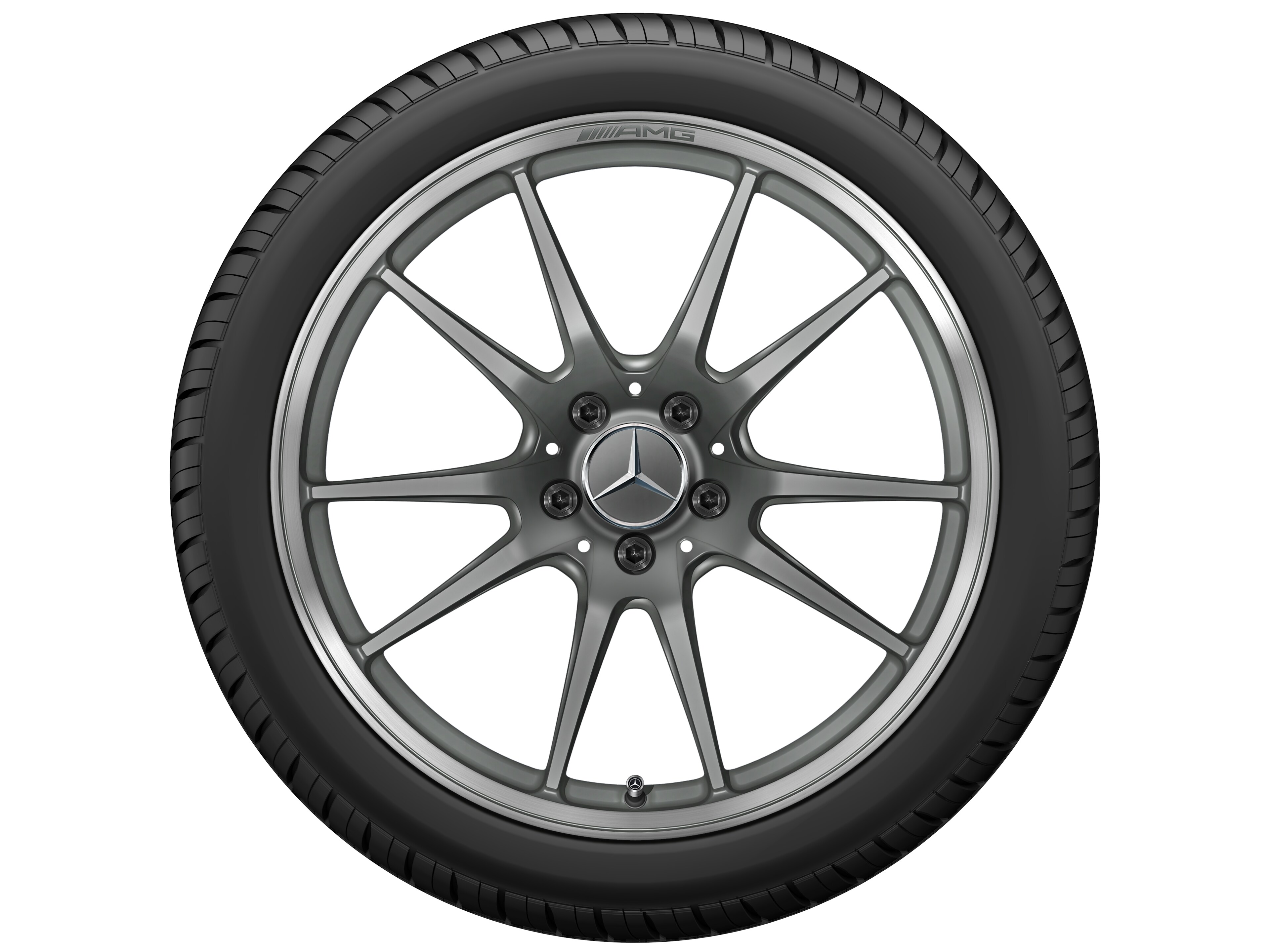 Cerchio fucinato AMG con design a 5 doppie razze, 48,3 cm (19 pollici), Bordo del cerchio tornito a specchio - 10 J x 19 ET 56, grigio titanio opaco, Bordo del cerchio tornito a specchio