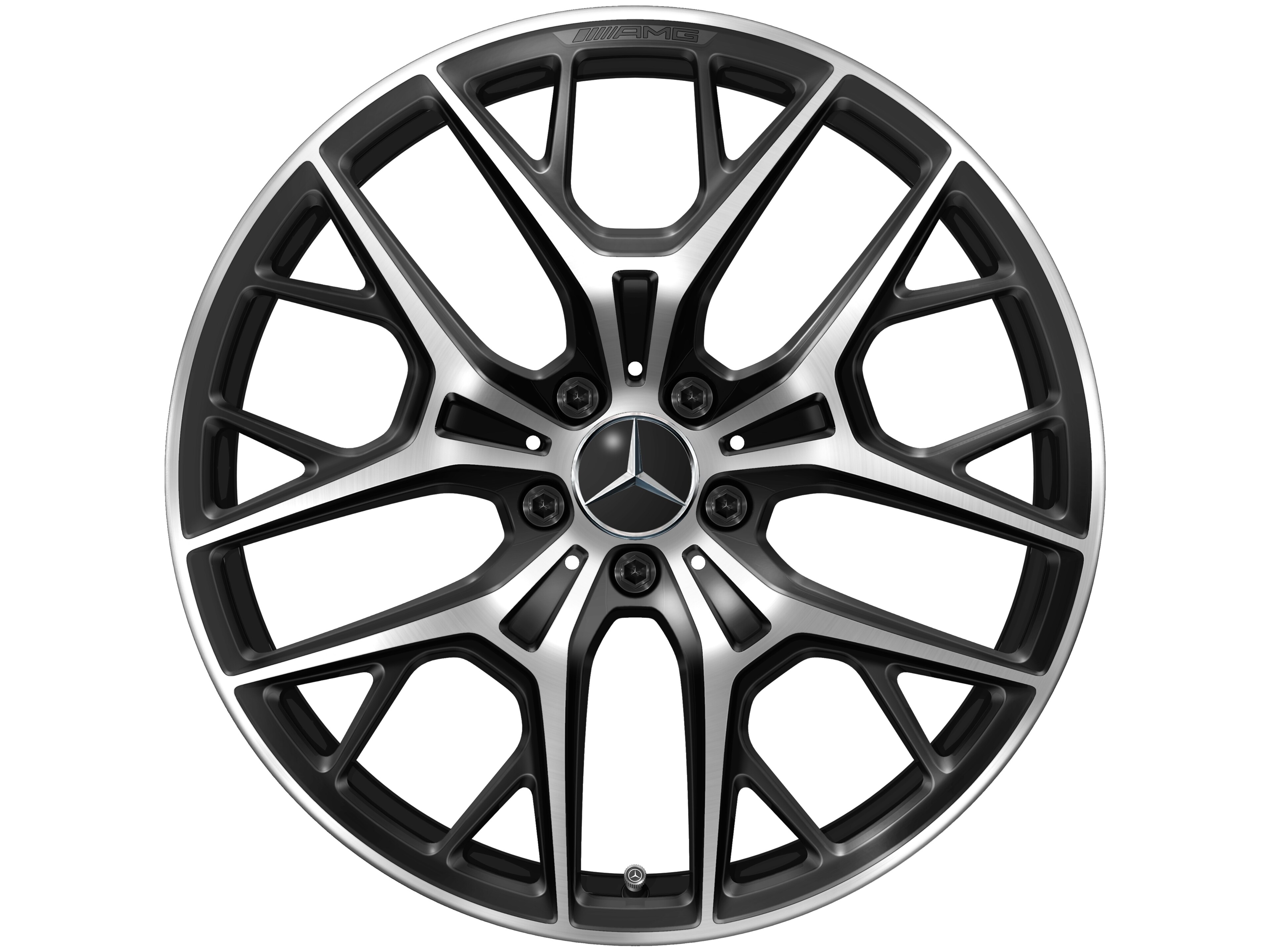 Cerchio in lega leggera AMG, con design a razze incrociate, 50,8 cm (20 pollici) - 9 J x 20 ET 32, colore nero, Tornitura a specchio