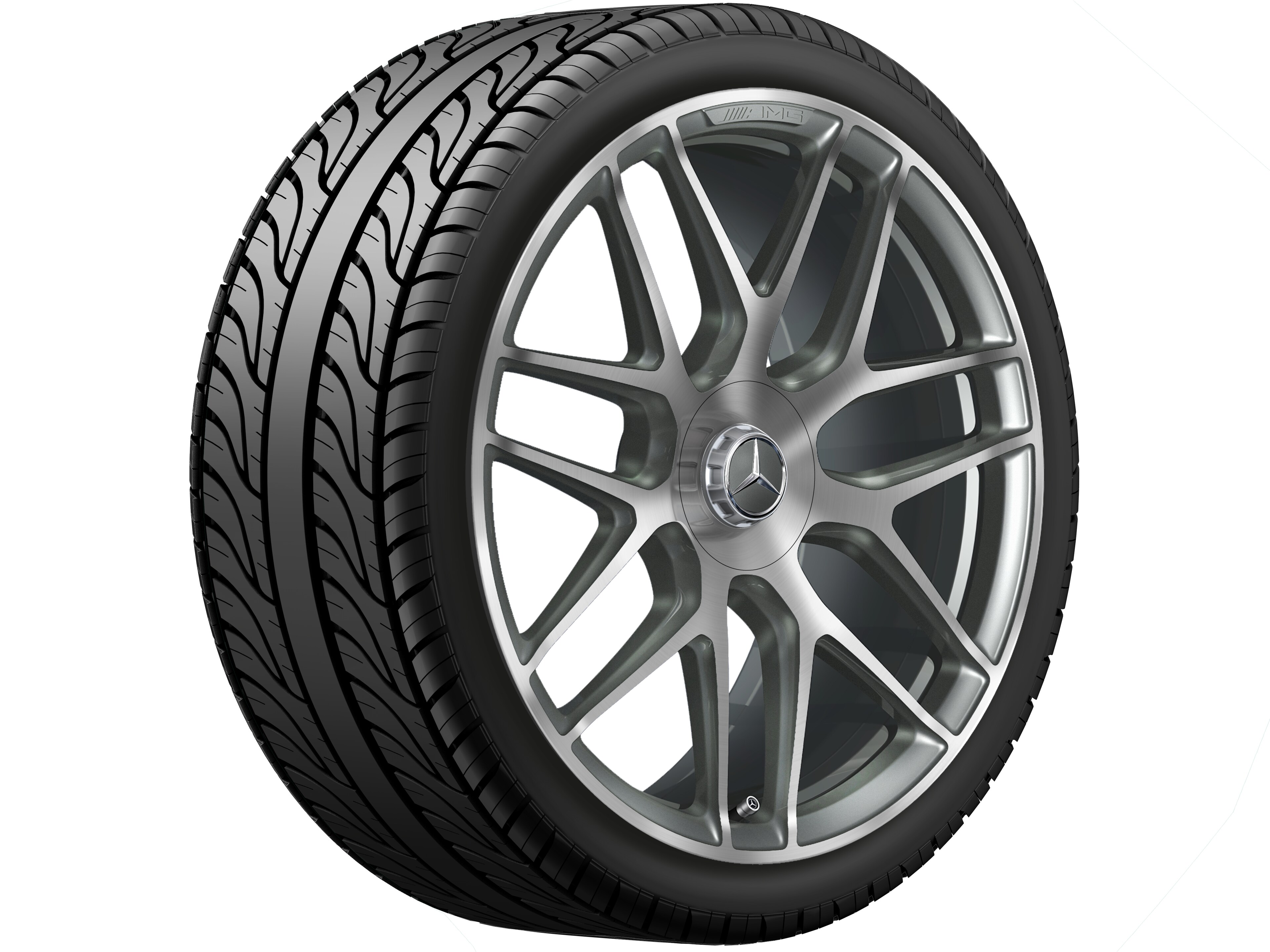 Cerchio fucinato AMG con design a razze incrociate, 55,9 cm (22 pollici) - 11,5 J x 22 ET 53, grigio titanio, Tornitura a specchio
