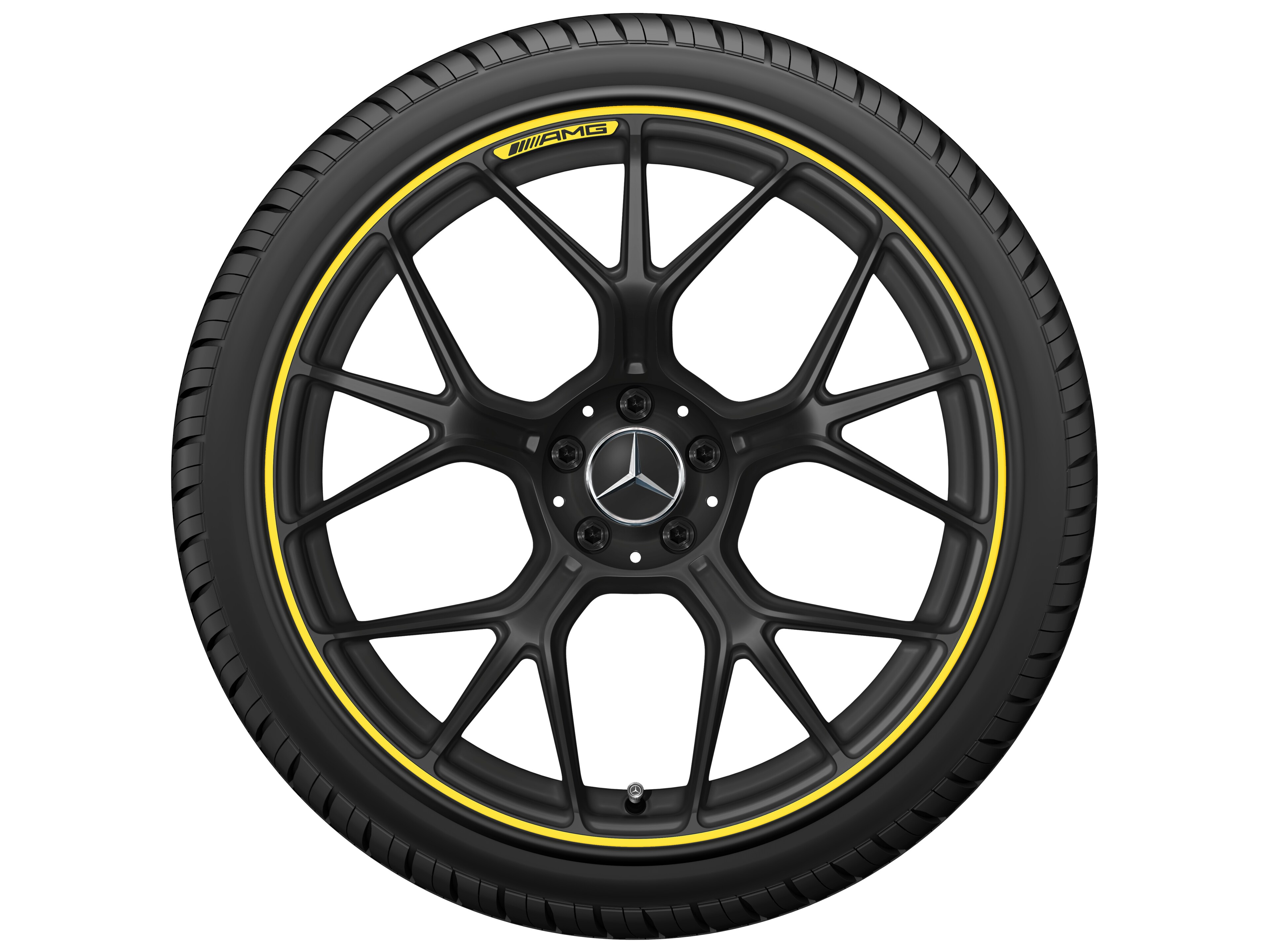 Cerchio fucinato AMG con design a razze incrociate, 50,8 cm (20 pollici) - 11 J x 20 ET 24,1, nero opacizzato / giallo segnale, Tornitura a specchio