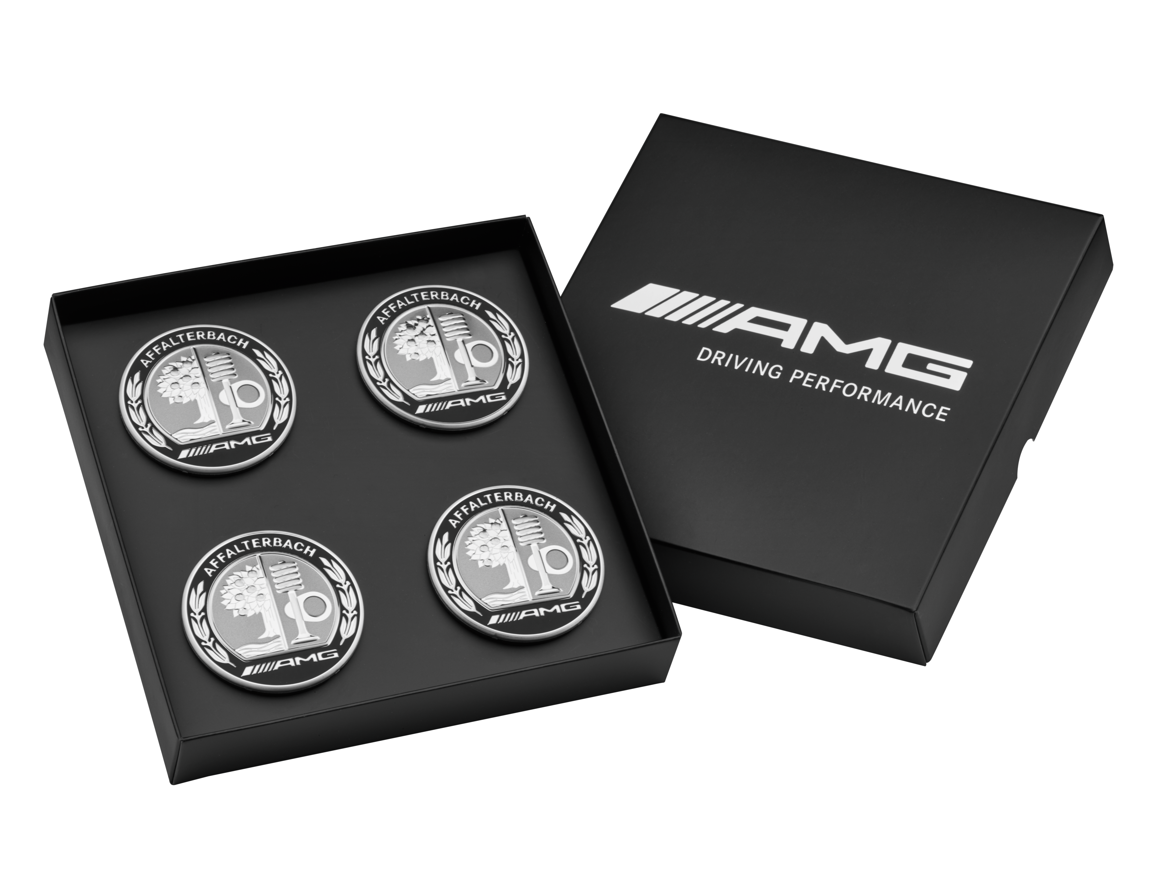 Coprimozzo AMG, con stemma AMG, Set da 4, per diametro del foro di centraggio 66,8 mm - argento / colore nero