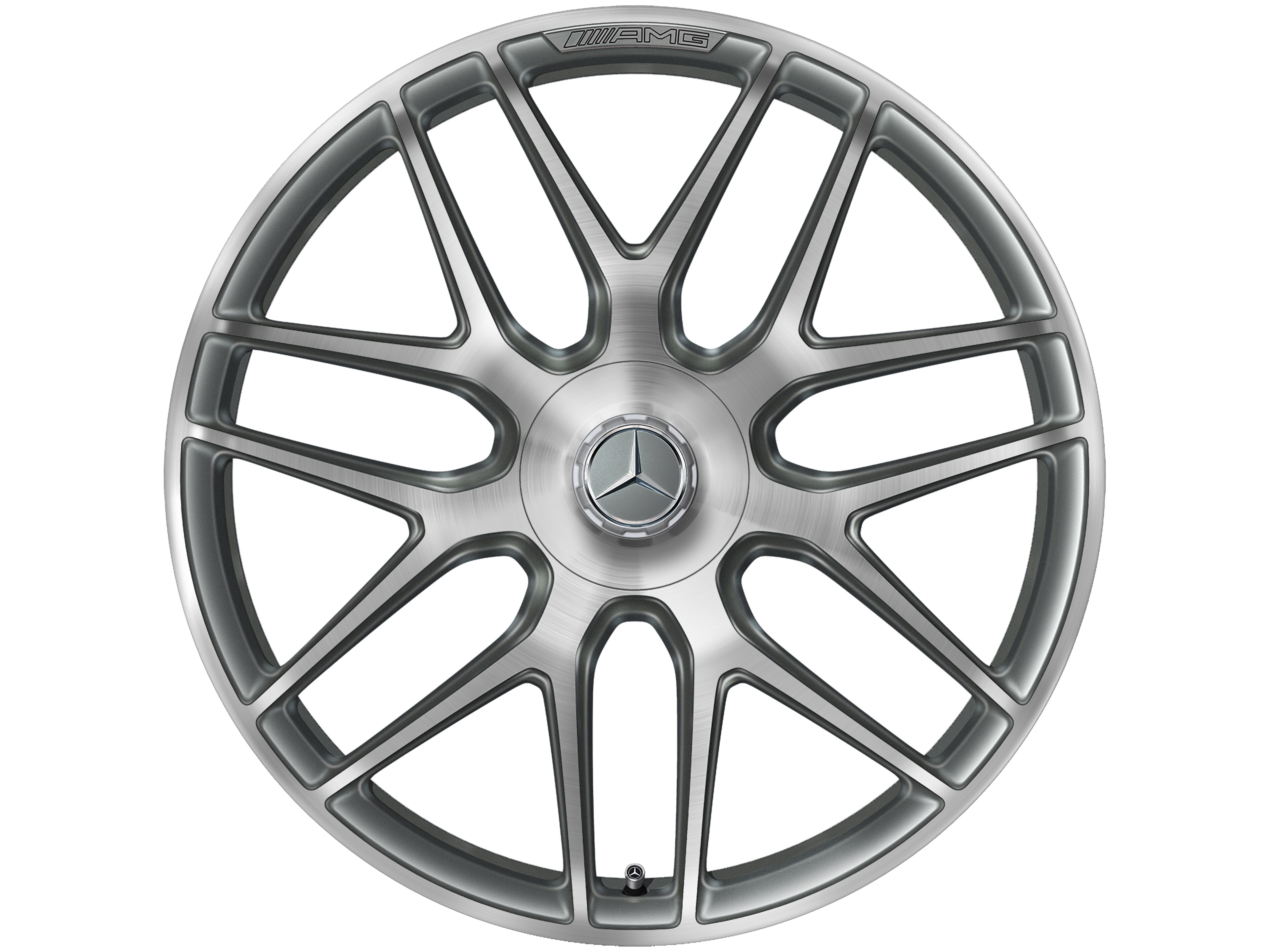 Cerchio fucinato AMG con design a razze incrociate, 55,9 cm (22 pollici) - 11,5 J x 22 ET 53, grigio titanio, Tornitura a specchio