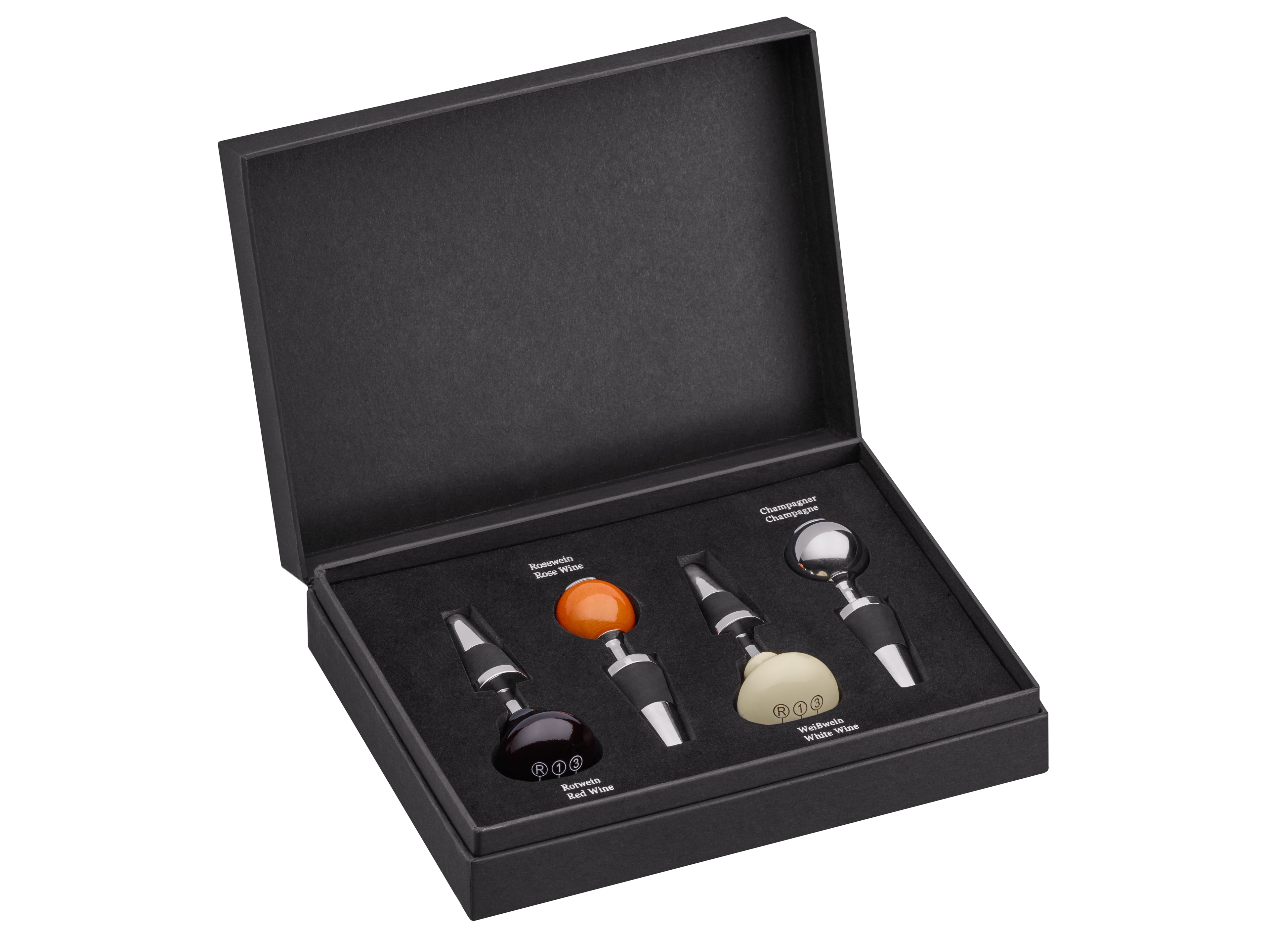 Tappi per vino, Set da 4 - argento / avorio / rosso vinaccia, acciaio inox / legno