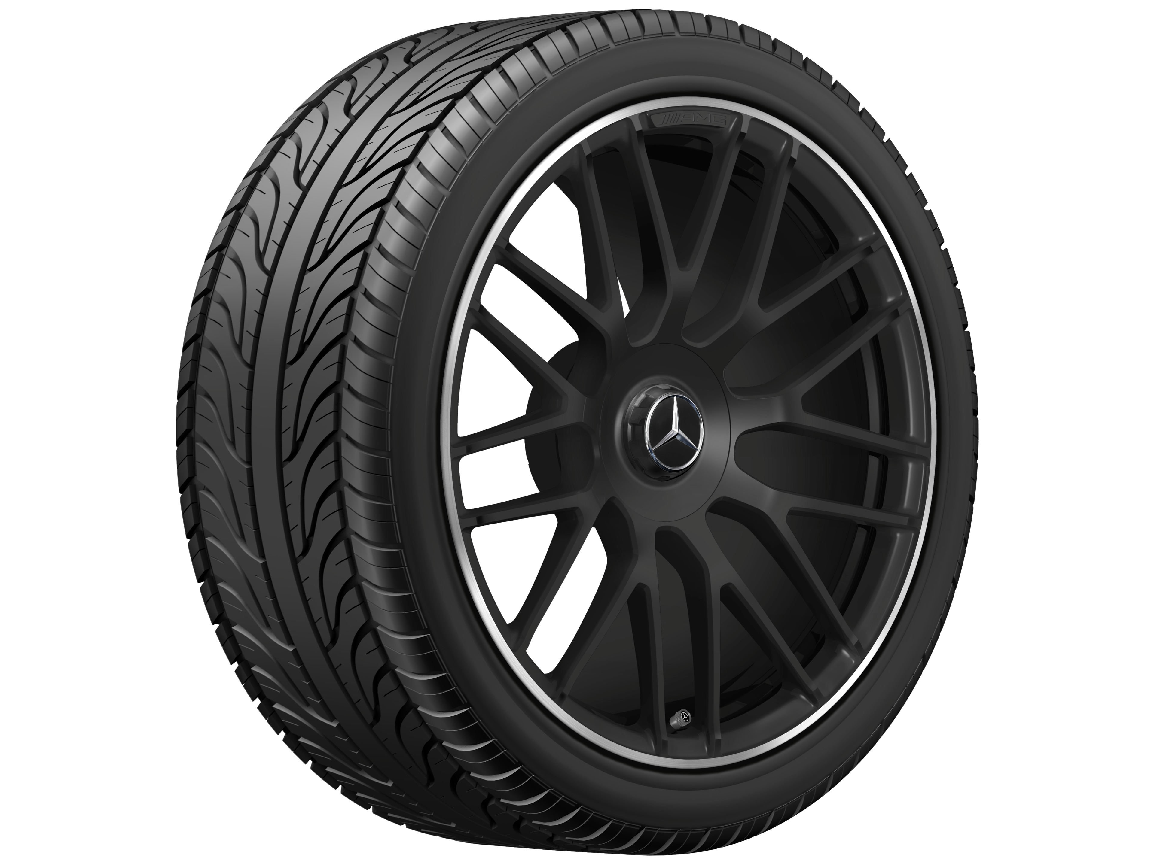 Cerchio fucinato AMG con design a razze incrociate, 48,3 cm (19 pollici), Bordo del cerchio tornito a specchio - 8,5 J x 19 ET 38, nero opacizzato, Bordo del cerchio tornito a specchio