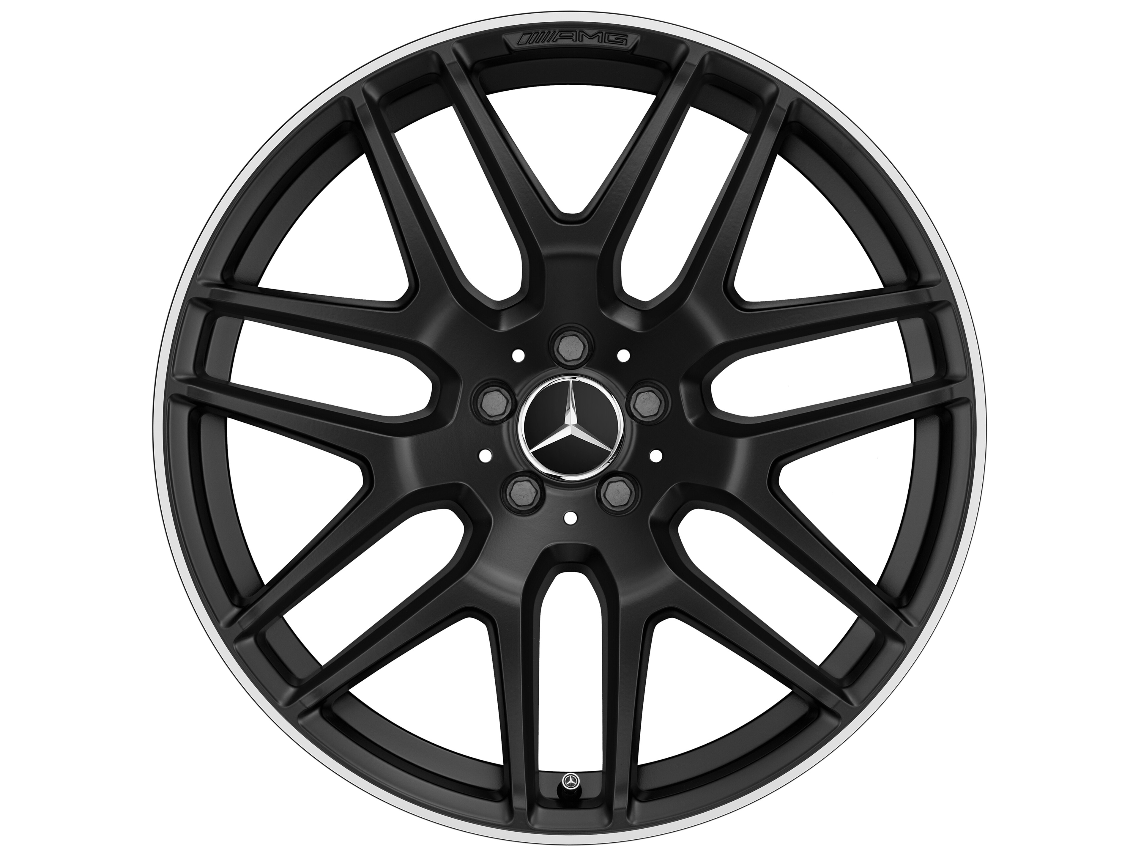 AMG Leichtmetallrad, im Kreuzspeichen-Design, 53,3 cm (21 Zoll), Felgenhorn glanzgedreht - 10 J x 21 ET 46, schwarz matt, Felgenhorn glanzgedreht