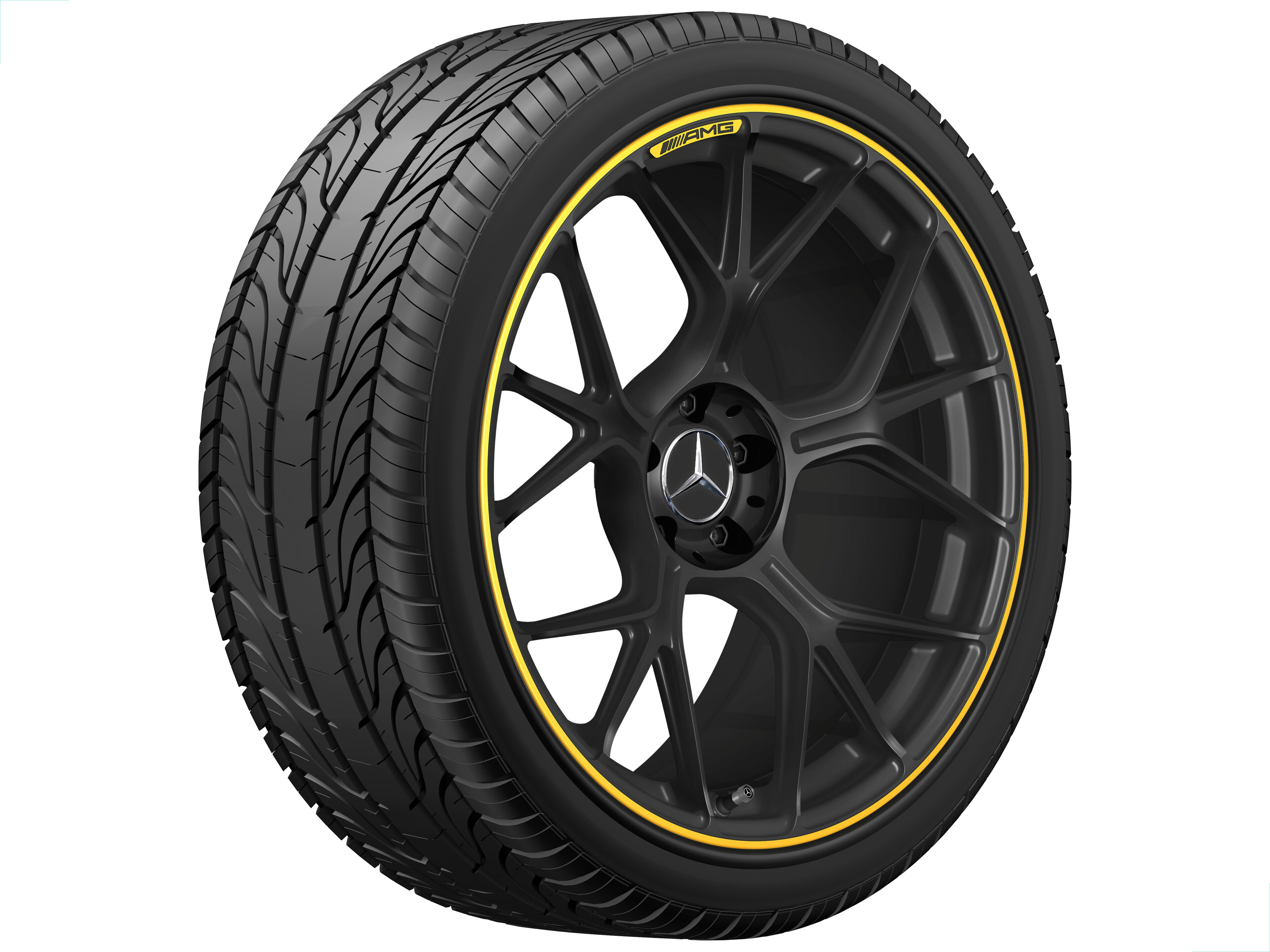 Cerchio fucinato AMG con design a razze incrociate, 50,8 cm (20 pollici) - 11 J x 20 ET 24,1, nero opacizzato / giallo segnale, Tornitura a specchio