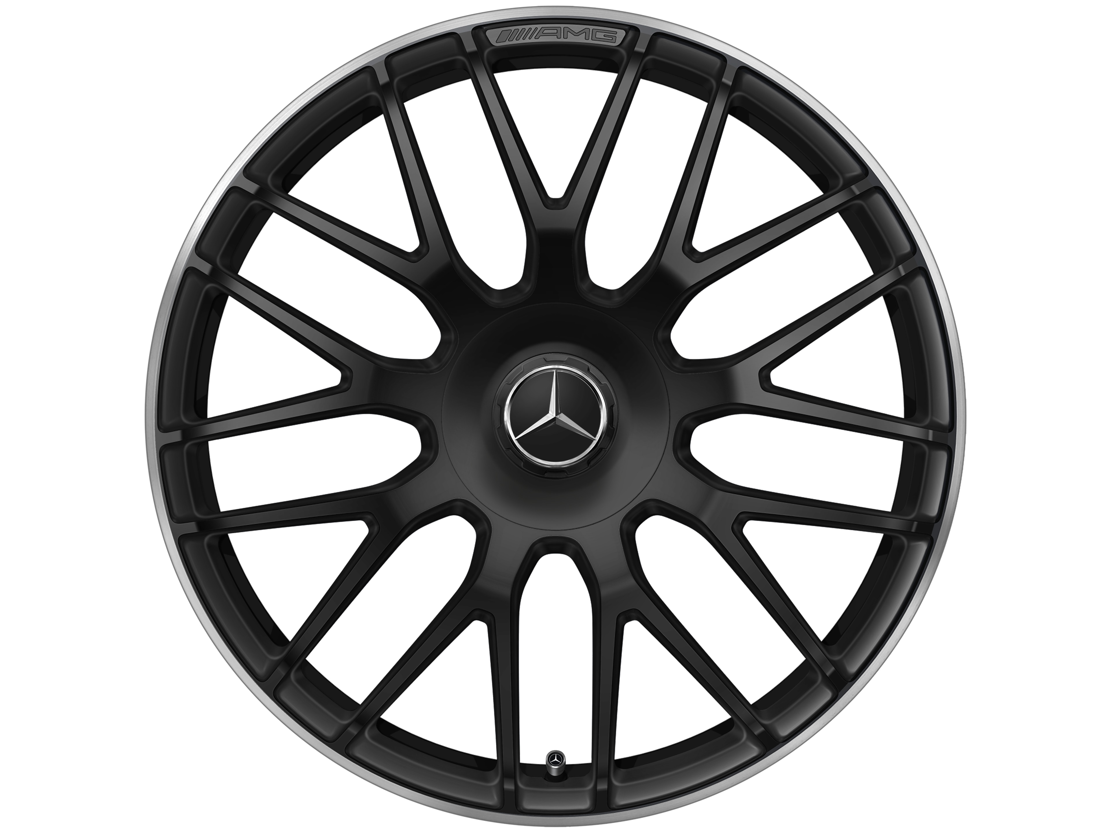 Cerchio fucinato AMG con design a razze incrociate, 48,3 cm (19 pollici), Bordo del cerchio tornito a specchio - 8,5 J x 19 ET 38, nero opacizzato, Bordo del cerchio tornito a specchio