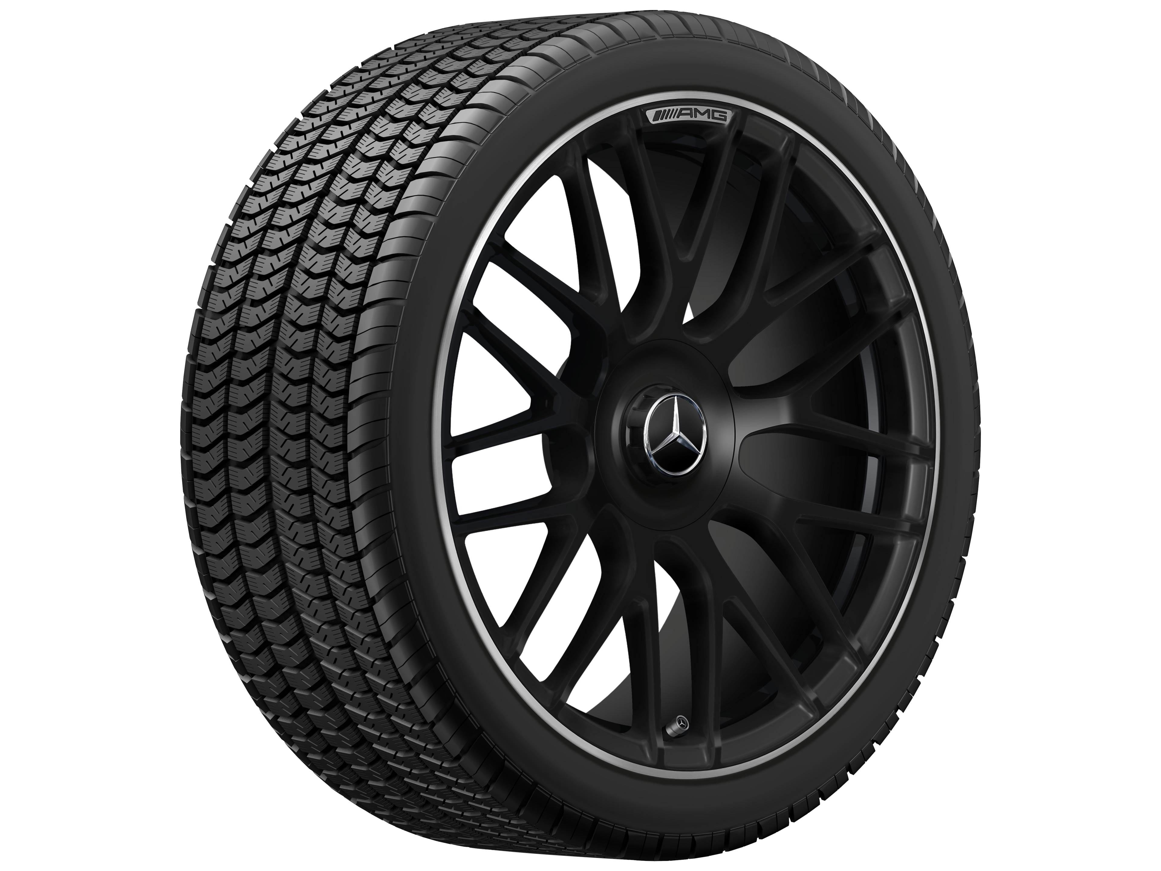 Cerchio fucinato AMG con design a razze incrociate, 48,3 cm (19 pollici), Bordo del cerchio tornito a specchio - 8,5 J x 19 ET 38, nero opacizzato, Bordo del cerchio tornito a specchio