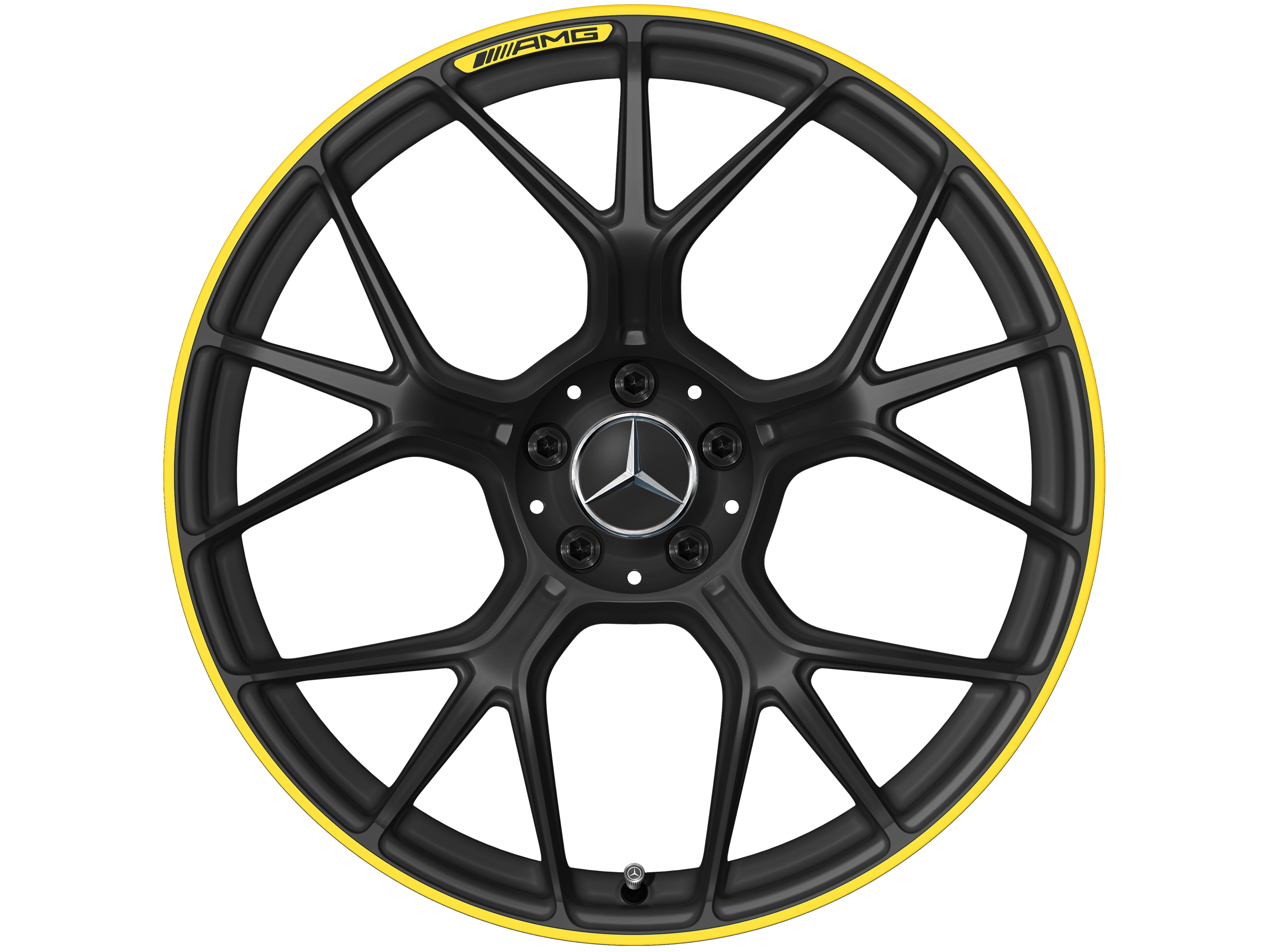 Cerchio fucinato AMG con design a razze incrociate, 50,8 cm (20 pollici) - 11 J x 20 ET 24,1, nero opacizzato / giallo segnale, Tornitura a specchio