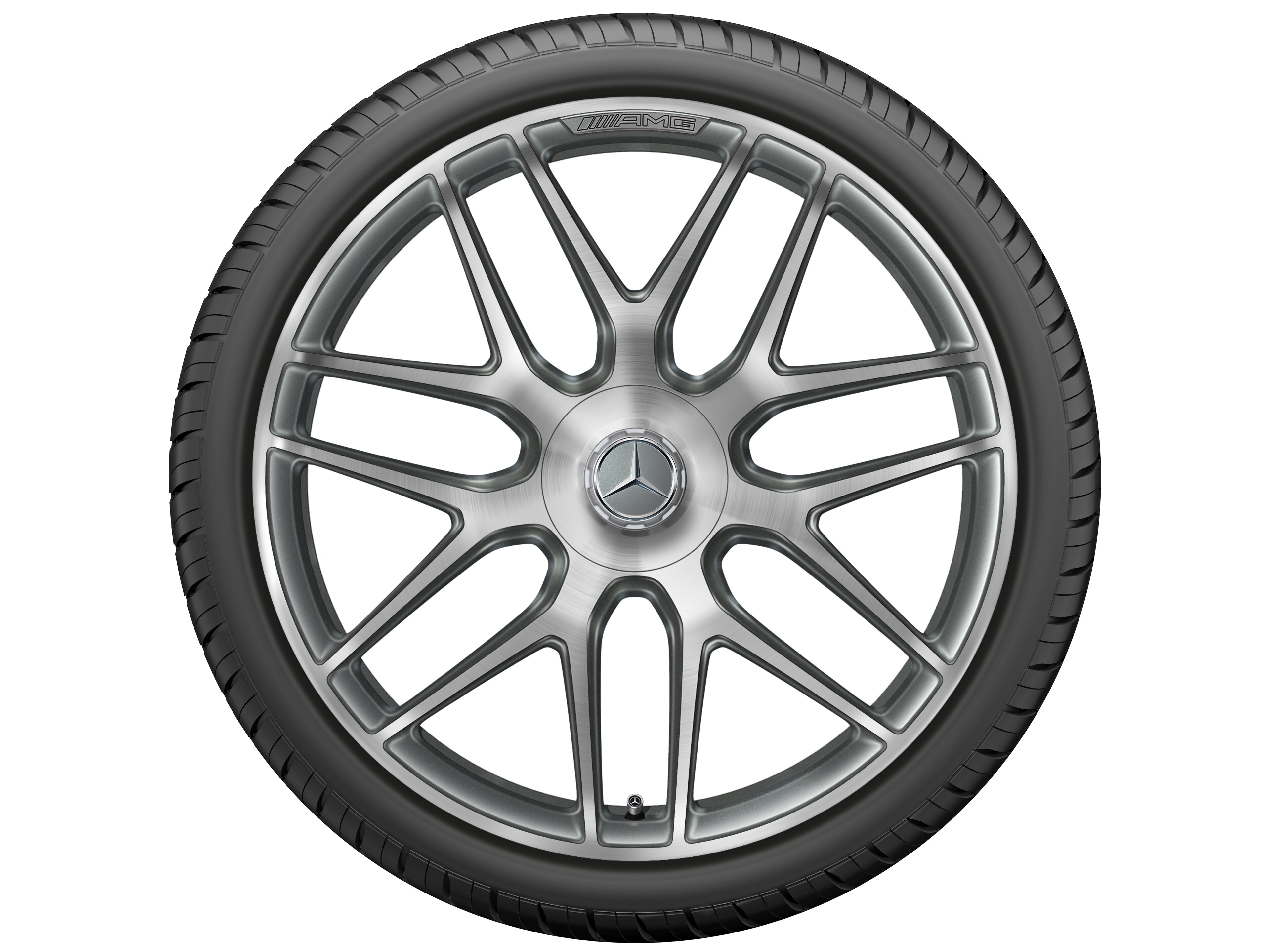 Cerchio fucinato AMG con design a razze incrociate, 55,9 cm (22 pollici) - 11,5 J x 22 ET 53, grigio titanio, Tornitura a specchio