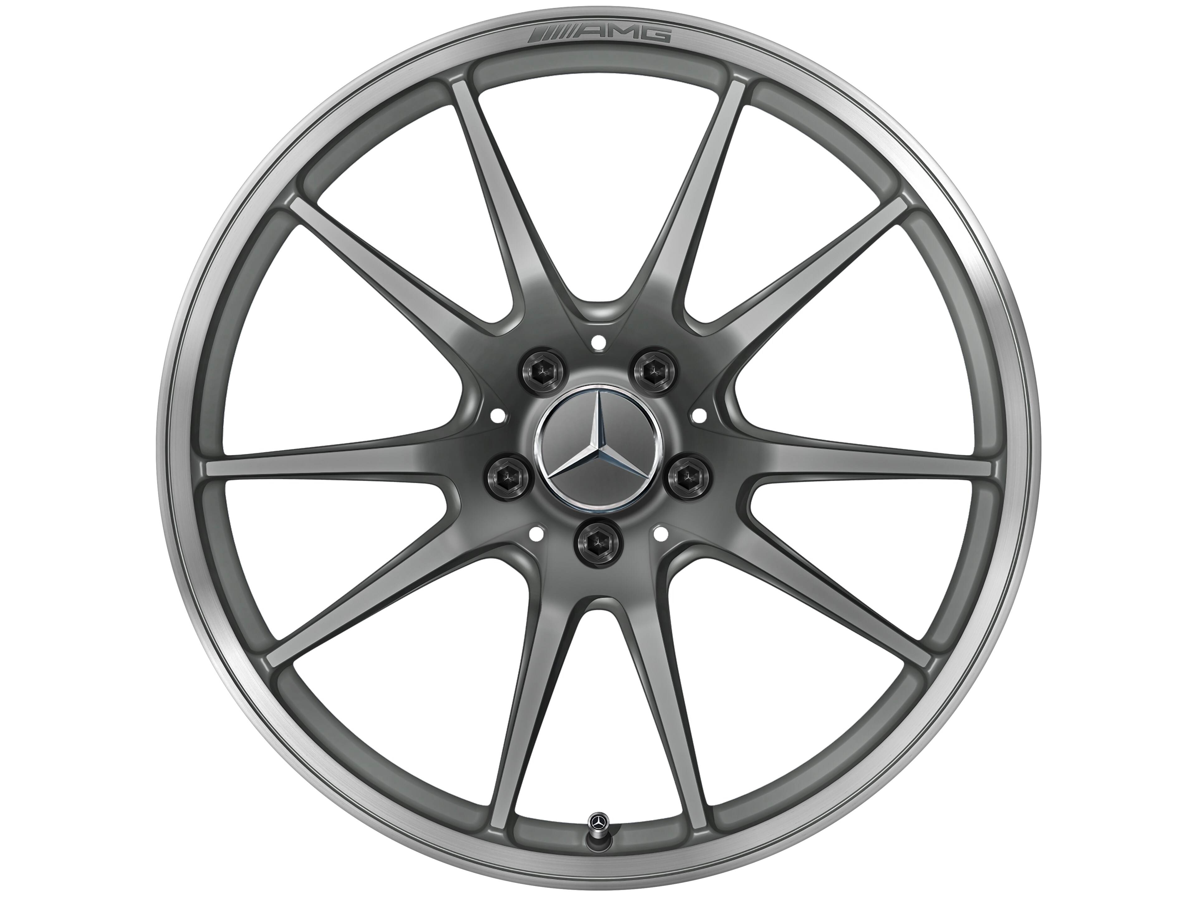 Cerchio fucinato AMG con design a 5 doppie razze, 50,8 cm (20 pollici), Bordo del cerchio tornito a specchio - 12 J x 20 ET 52, grigio titanio opaco, Bordo del cerchio tornito a specchio