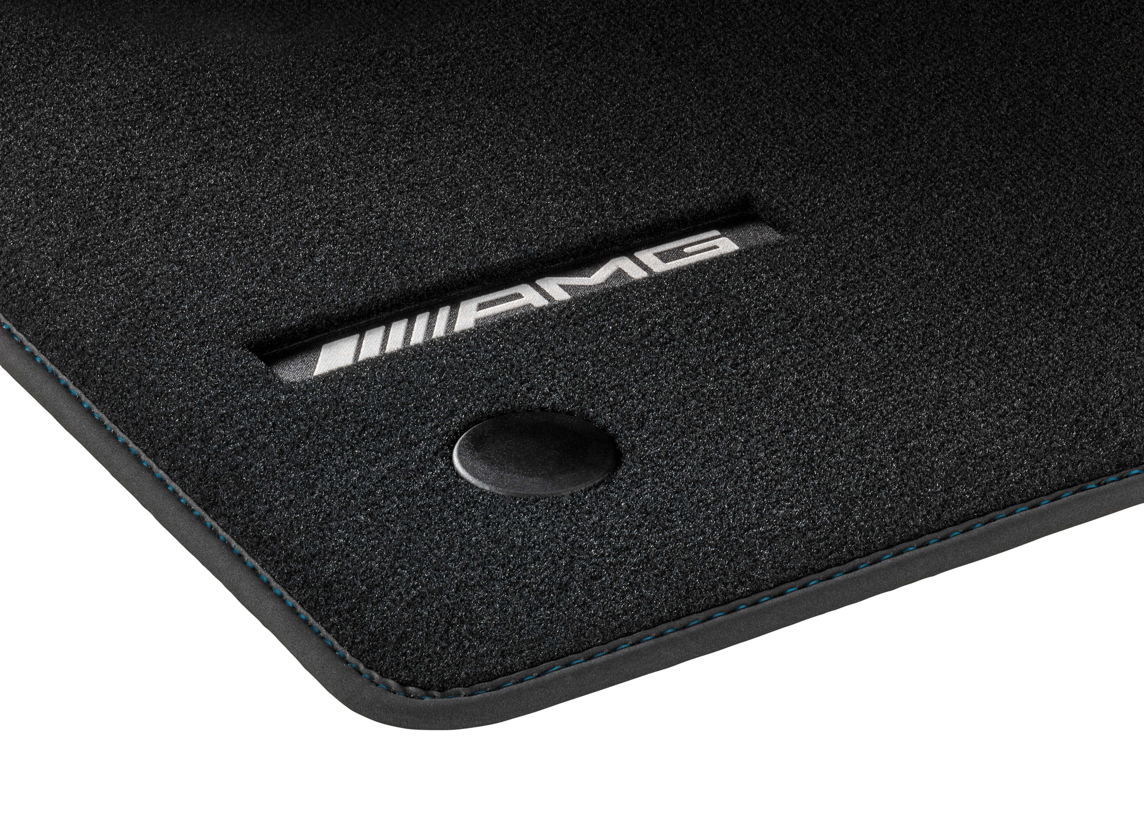 Tappetini in velours AMG, Set, 4 pezzi, con logo tessuto AMG, Cucitura decorativa in tekki blue - LL, colore nero