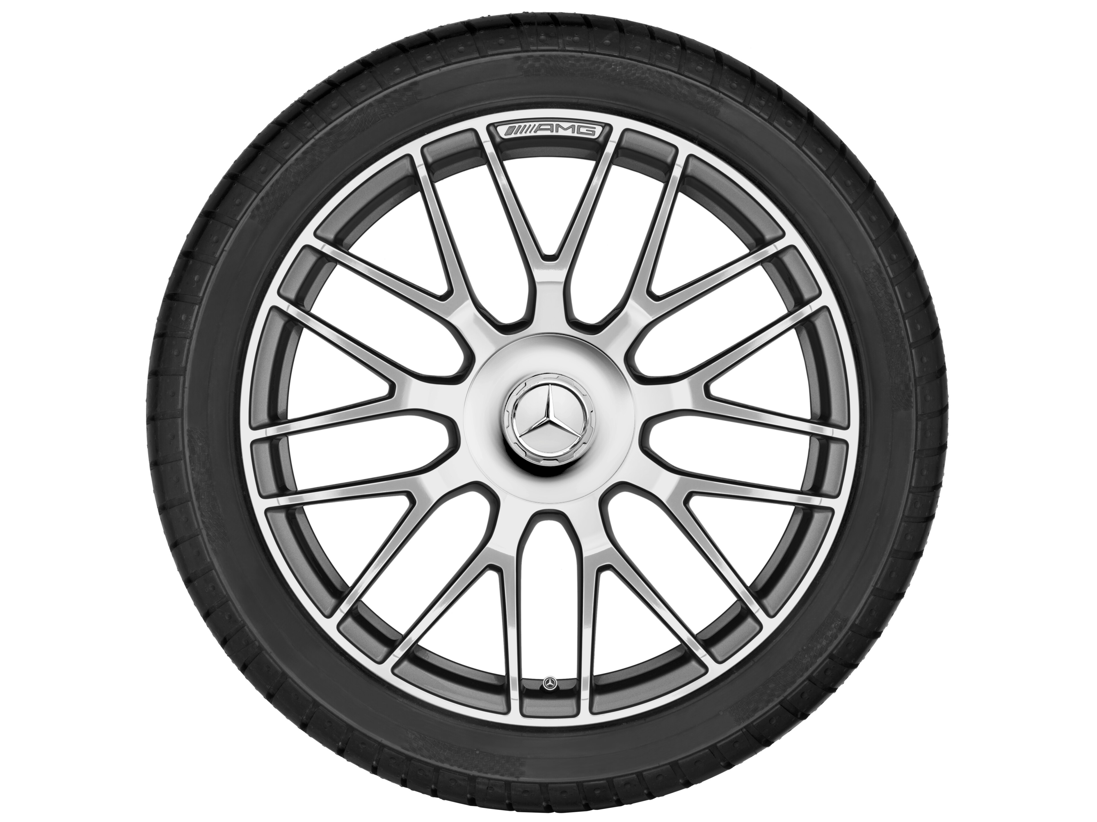 Cerchio fucinato AMG con design a razze incrociate, 50,8 cm (20 pollici) - 10,5 J x 20 ET 57, grigio titanio, Tornitura a specchio
