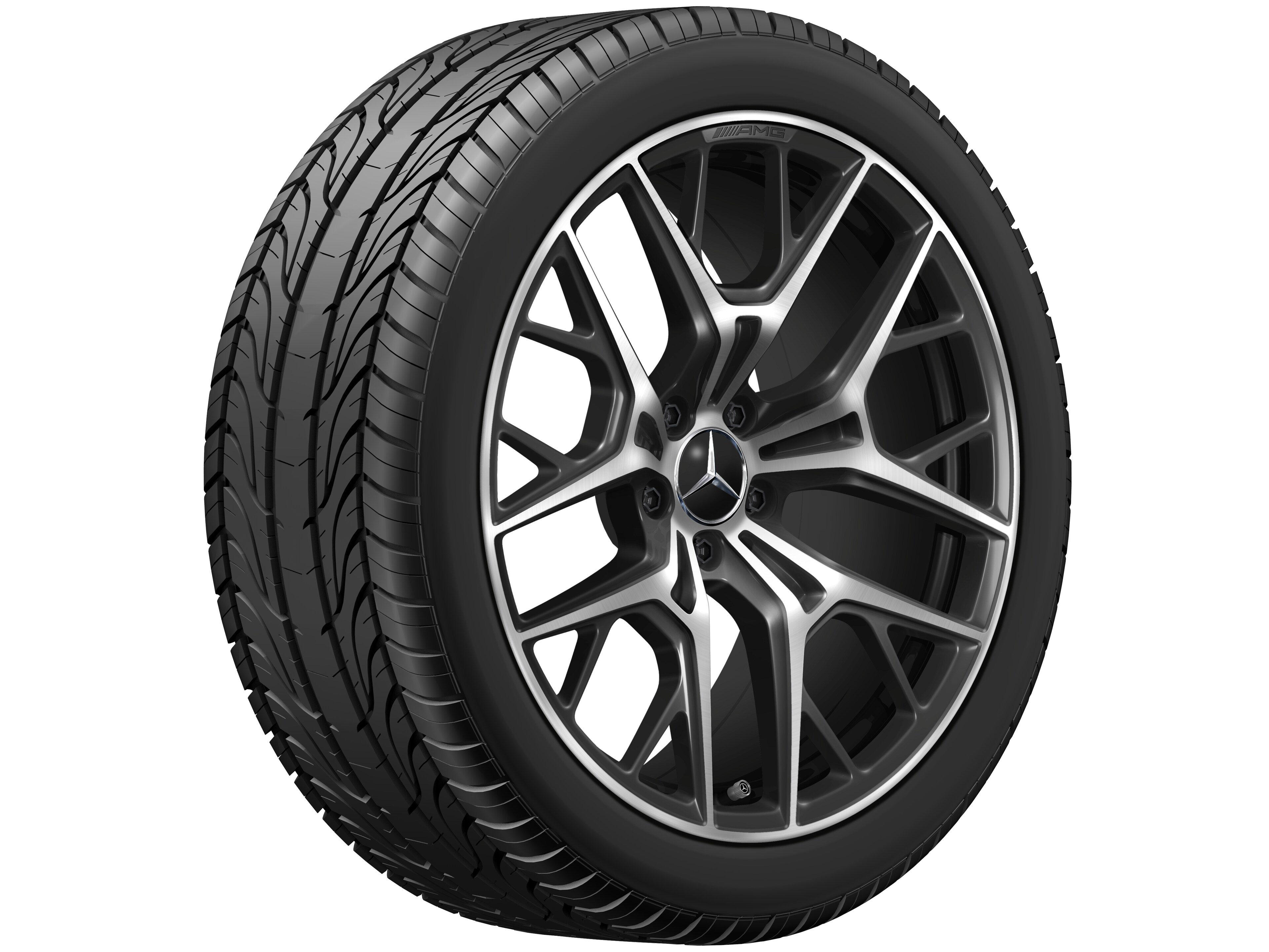 Cerchio in lega leggera AMG, con design a razze incrociate, 50,8 cm (20 pollici) - 9 J x 20 ET 32, colore nero, Tornitura a specchio