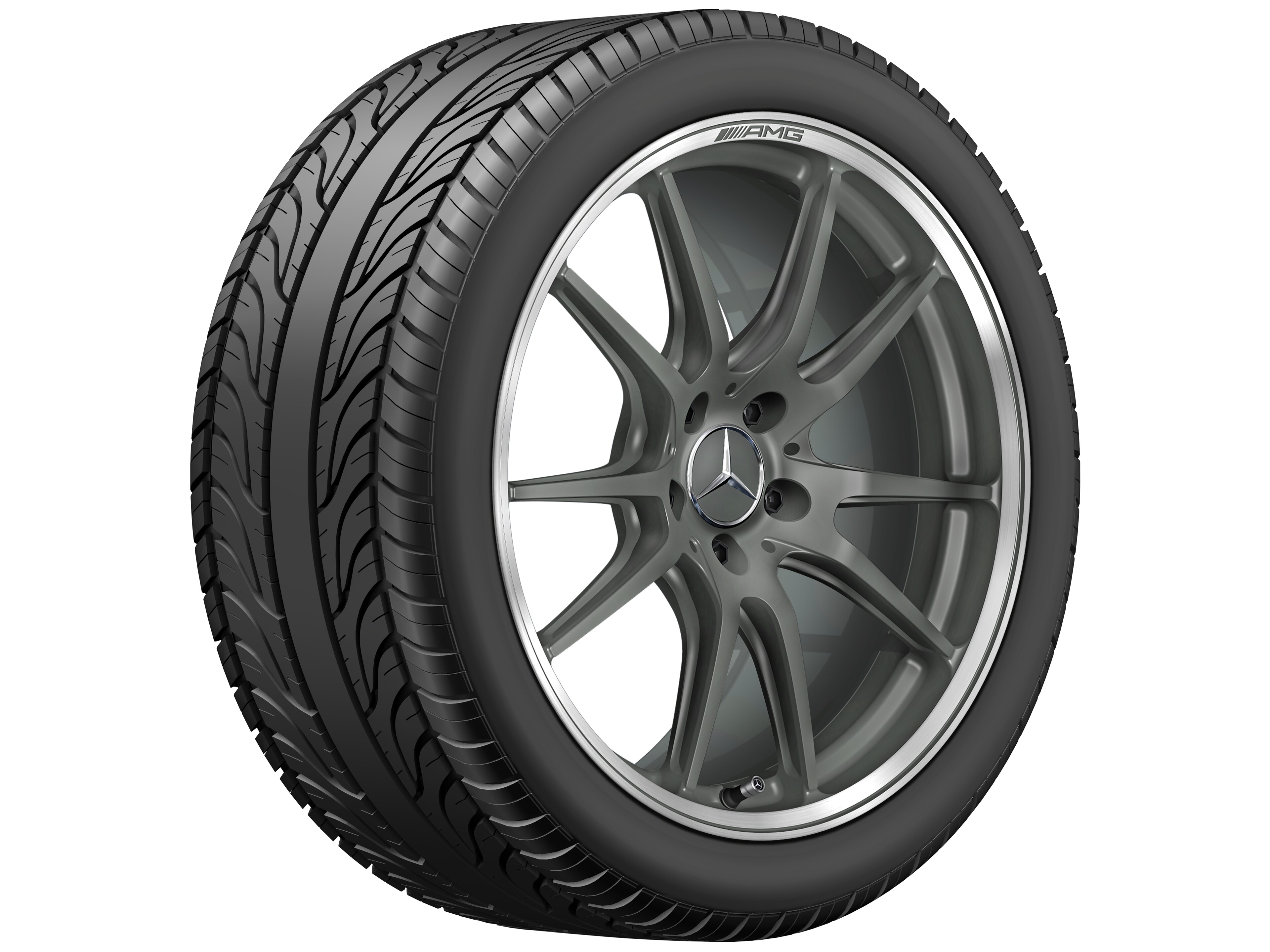 Cerchio fucinato AMG con design a 5 doppie razze, 48,3 cm (19 pollici), Bordo del cerchio tornito a specchio - 10 J x 19 ET 56, grigio titanio opaco, Bordo del cerchio tornito a specchio